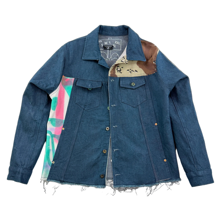 Blue denim jacket with colorful inner lining on a white background